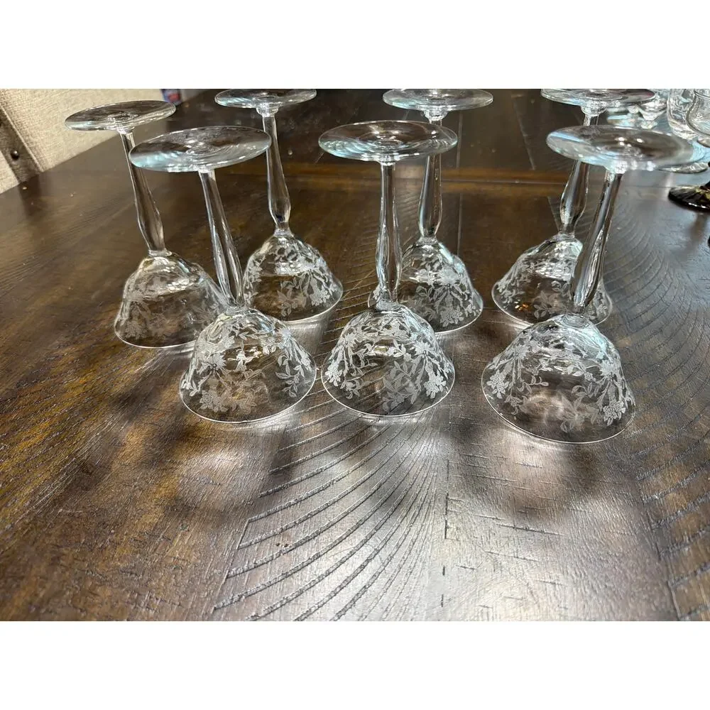 Vintage Etched Champagne Coupe Glasses Set of 7 Floral Wheat Stemware 5.75